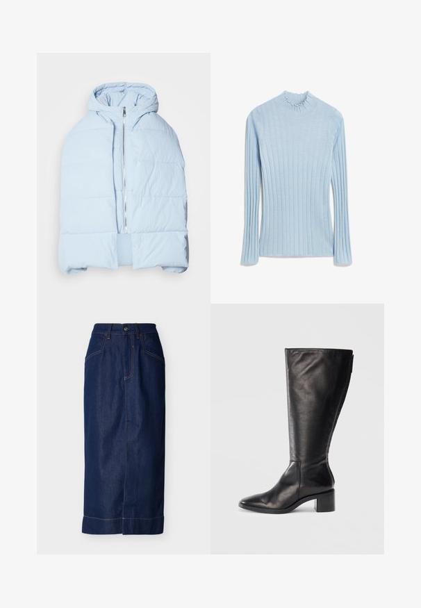 Hellblau, gefütterte Daunenjacke mit Kapuze, ausgestattet mit einem metallischen Reißverschluss, die über gesteppten Einsätzen und ein offenes Frontdesign verfügt. Weiches, strukturiertes Material.; Helles Blau, gerippter Rollkragenspullover mit einem Rüschenausschnitt und langen Ärmeln. Hergestellt aus weichem, gestricktem Stoff, mit vertikalen Streifen.; Dunkelblauer Jeansrock mit gerader Passform, Fronttaschen, sichtbaren Nähten und am Saum umgeschlagen.; Schwarze Lederkniehohe Stiefel mit quadratischer Spitze, Blockabsatz und schlankem Design. Glatte Textur mit einem seitlichen Reißverschluss für einfaches Anziehen.