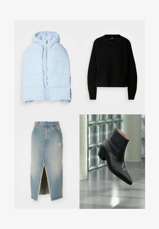 Lys blå, hættetrøje pufferjakke med en metallisk lynlås, der har quiltede paneler og et åbent frontdesign. Blødt, tekstureret stof.; Sort strik sweater med rund hals og ribbet tekstur. Har subtil detaljering omkring halsudskæringen og lange, lige ærmer.; Denim nederdel, lyseblå, midtlængde med frayed kant. Har en frontslids og slidte detaljer nær taljen og kanten.; Sort læderankelstøvle med spids tå og blokhæl, der svæver over en reflekterende grå gulv nær en væg af glasblokke.