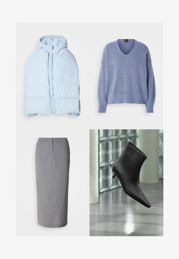 Hellblau, gefütterte Daunenjacke mit Kapuze, ausgestattet mit einem metallischen Reißverschluss, die über gesteppten Einsätzen und ein offenes Frontdesign verfügt. Weiches, strukturiertes Material.; Hellblauer Strickpullover mit V-Ausschnitt, fallenden Schultern sowie gerippten Bündchen und Saum. Weiche Textur, entworfen für eine lässige Passform.; Grauer Bleistiftrock aus strukturiertem Stoff, mit gerader Schnittführung, Rückenschlitz und verdecktem Reißverschluss auf der Rückseite.; Schwarzer Leder-Knöchelstiefel mit spitzer Spitze und kleinem Absatz vor einer Wand aus Glasbausteinen und einem polierten Boden.