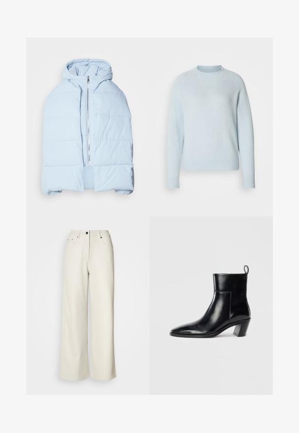 Veste en duvet à capuche bleu clair avec une fermeture éclair métallique, présentant des panneaux matelassés et un design à l'avant ouvert. Tissu doux et texturé.; Pull bleu clair en matériau doux avec un col rond et des poignets et un ourlet côtelés. Doté d'un design simple et classique.; Pantalons larges de couleur crème en tissu lisse. Dotés d'une taille mi-haute, d'une fermeture éclair et de deux poches avant avec des accents en matériel noir.; Bottine en cuir noir avec un bout pointu, un talon empilé géométrique et une languette à l'arrière. Texture lisse et design épuré.