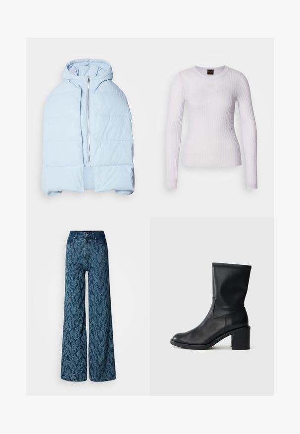 Hellblau, gefütterte Daunenjacke mit Kapuze, ausgestattet mit einem metallischen Reißverschluss, die über gesteppten Einsätzen und ein offenes Frontdesign verfügt. Weiches, strukturiertes Material.; Weißes Langarmshirt aus geripptem Stoff; verfügt über einen runden Ausschnitt und ein eng anliegendes Design mit subtiler Textur und Nahtdetails.; Weit geschnittene Jeans mit hoher Taille aus dunkelblauem Denim, verziert mit einem hellblauen abstrakten Sprenkelmuster, vorn mit Knöpfen und Taschen.; Schwarze Leder-Ankle Boots mit runder Zehenform, glatter Oberfläche und dicker Absatz, ausgestattet mit einem eng anliegenden Schaft und subtilen Nähten.