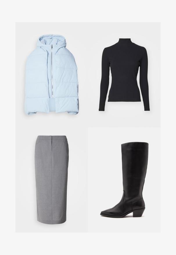 Hellblau, gefütterte Daunenjacke mit Kapuze, ausgestattet mit einem metallischen Reißverschluss, die über gesteppten Einsätzen und ein offenes Frontdesign verfügt. Weiches, strukturiertes Material.; Schwarzes, geripptes Rollkragenoberteil mit langen Ärmeln. Aus dehnbarem Stoff mit figurbetonter Passform und hohem Kragen. Einfaches Design ohne Verzierungen.; Grauer Bleistiftrock aus strukturiertem Stoff, mit gerader Schnittführung, Rückenschlitz und verdecktem Reißverschluss auf der Rückseite.; Schwarzer Lederstiefel bis zur Wade mit spitzer Spitze und niedrigem schrägem Absatz vor einfachem hellem Hintergrund.