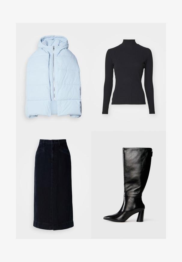 Veste en duvet à capuche bleu clair avec une fermeture éclair métallique, présentant des panneaux matelassés et un design à l'avant ouvert. Tissu doux et texturé.; Haut noir à col roulé côtelé avec des manches longues. Fabriqué en tissu extensible avec une coupe ajustée et un col montant. Design simple sans embellissements.; Jupe midi en denim foncé avec taille haute, fermeture à boutons sur le devant et poches latérales ; présente une coupe droite et un détail d'ourlet subtil.; Botte en cuir noir à hauteur de genoux avec un bout pointu, une texture lisse et un talon épais. Elle présente un zip à l'arrière.