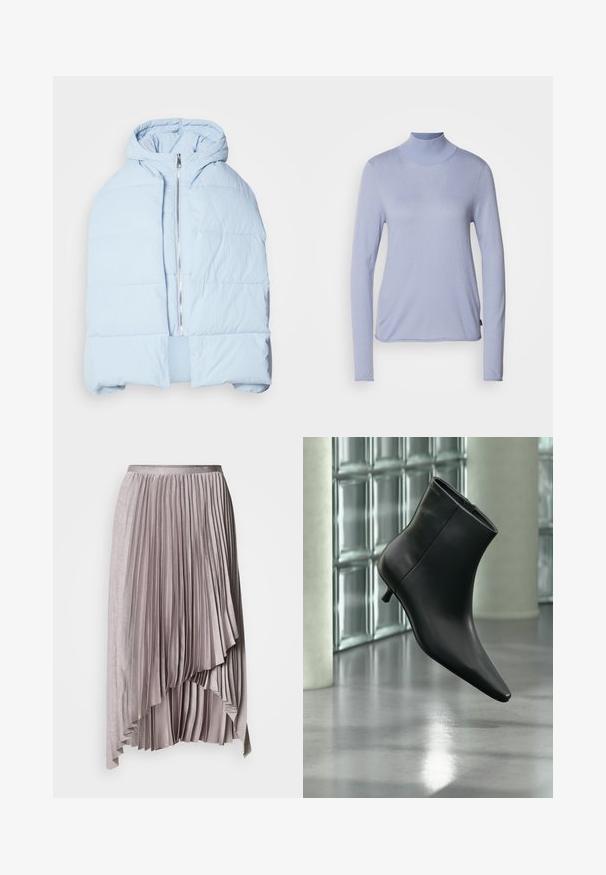 Hellblau, gefütterte Daunenjacke mit Kapuze, ausgestattet mit einem metallischen Reißverschluss, die über gesteppten Einsätzen und ein offenes Frontdesign verfügt. Weiches, strukturiertes Material.; Hellblauer, langärmliger Rollkragenpullover aus weichem Stoff, mit taillierter Passform und glatter Textur. Minimalistischer Stil ohne Muster.; Heller malvenfarbener, asymmetrischer Faltenrock mit Satinbund und mehrlagigem, kaskadenförmigem Saumdetail vor einfachem Hintergrund.; Schwarzer Leder-Stiefelette mit spitzer Zehenpartie und niedrigem Kitten-Heel, schräg dargestellt vor einem polierten Boden und einer Glasbausteinwand.