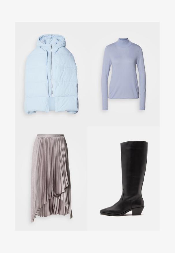 Hellblau, gefütterte Daunenjacke mit Kapuze, ausgestattet mit einem metallischen Reißverschluss, die über gesteppten Einsätzen und ein offenes Frontdesign verfügt. Weiches, strukturiertes Material.; Hellblauer, langärmliger Rollkragenpullover aus weichem Stoff, mit taillierter Passform und glatter Textur. Minimalistischer Stil ohne Muster.; Heller malvenfarbener, asymmetrischer Faltenrock mit Satinbund und mehrlagigem, kaskadenförmigem Saumdetail vor einfachem Hintergrund.; Schwarzer Lederstiefel bis zur Wade mit spitzer Spitze und niedrigem schrägem Absatz vor einfachem hellem Hintergrund.