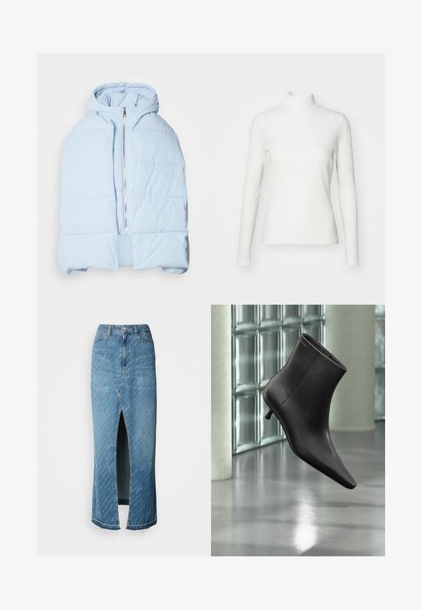 Hellblau, gefütterte Daunenjacke mit Kapuze, ausgestattet mit einem metallischen Reißverschluss, die über gesteppten Einsätzen und ein offenes Frontdesign verfügt. Weiches, strukturiertes Material.; Weißes geripptes Turtleneck-Oberteil mit langen Ärmeln, aus elastischem Stoff. Verfügt über ein enganliegendes Design und einen hohen Kragen für zusätzlichen Schutz.; Blaue Jeans-Midirock mit einem vorderen Schlitz, verblasster Textur und weißen Schriftmustern. Mit klassischem Taillenbund und ausgefranstem Saum.; Schwarzer Leder-Knöchelstiefel mit spitzer Spitze und kleinem Absatz vor einer Wand aus Glasbausteinen und einem polierten Boden.