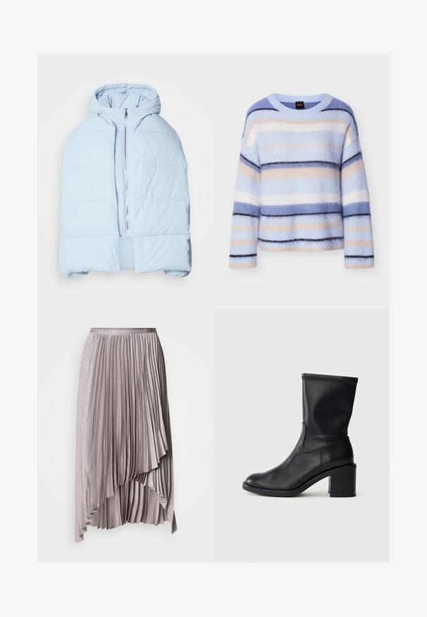 Veste en duvet à capuche bleu clair avec une fermeture éclair métallique, présentant des panneaux matelassés et un design à l'avant ouvert. Tissu doux et texturé.; Pull rayé en bleu clair, rose pâle et bleu marine. Texture douce et moelleuse avec un col rond et des poignets côtelés. Léger et coupe décontractée.; Jupe plissée asymétrique mauve clair avec ceinture en satin et ourlet en cascade superposé, sur fond uni.; Botte en cuir noir à cheville avec un bout rond, texture lisse et un talon épais, présentant un tige ajustée et un subtil détail de couture.