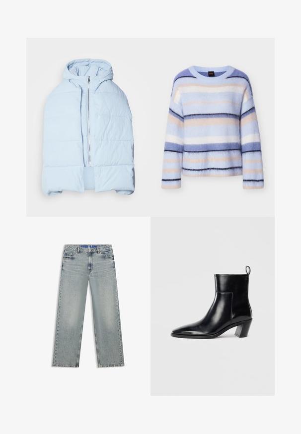 Lys blå, hættetrøje pufferjakke med en metallisk lynlås, der har quiltede paneler og et åbent frontdesign. Blødt, tekstureret stof.; Stribet sweater i lyseblå, sart rosa og marineblå. Blød, fluffy tekstur med rund hals og ribbet kant ved ærmerne. Letvægt og afslappet pasform.; Lyseblå jeans med vide ben lavet af denim, med udvaskede områder, fem lommer og en blå mærket taljebånd.; Sort læder ankelstøvle med spids tå, geometrisk stablet hæl og en løftestrop bagpå. Glat tekstur og slankt design.