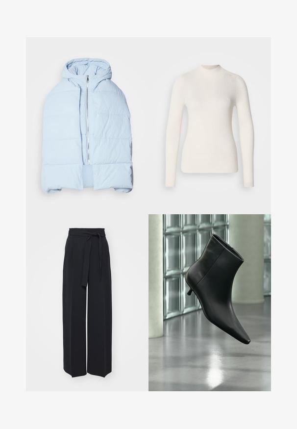 Hellblau, gefütterte Daunenjacke mit Kapuze, ausgestattet mit einem metallischen Reißverschluss, die über gesteppten Einsätzen und ein offenes Frontdesign verfügt. Weiches, strukturiertes Material.; Weißes, geripptes Langarmoberteil mit hohem Halsauschnitt. Hat eine taillierte Form und ein dezentes Logo-Detail auf der Brust. Glatte Textur.; Schwarze weite Hosen aus weichem Stoff. Mit einem Gürteltäfelchen und vorderen Falten. Glatte Textur mit einem klaren, modernen Design.; Schwarzer Leder-Stiefelette mit spitzer Zehenpartie und niedrigem Kitten-Heel, schräg dargestellt vor einem polierten Boden und einer Glasbausteinwand.
