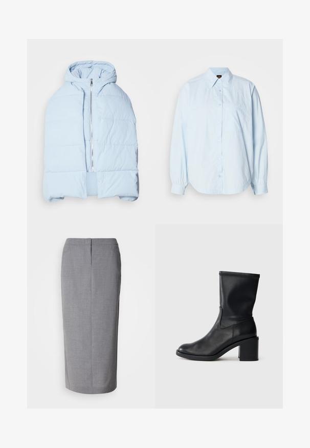 Veste en duvet à capuche bleu clair avec une fermeture éclair métallique, présentant des panneaux matelassés et un design à l'avant ouvert. Tissu doux et texturé.; Chemise à manches longues bleu clair en coton. Caractéristiques : un col, un ourlet arrondi et une petite poche poitrine avec un logo brodé.; Jupe crayon grise en tissu texturé, dotée d'une coupe droite, d'une fente au dos et d'une fermeture éclair dissimulée à l'arrière.; Botte en cuir noir à cheville avec un bout rond, texture lisse et un talon épais, présentant un tige ajustée et un subtil détail de couture.
