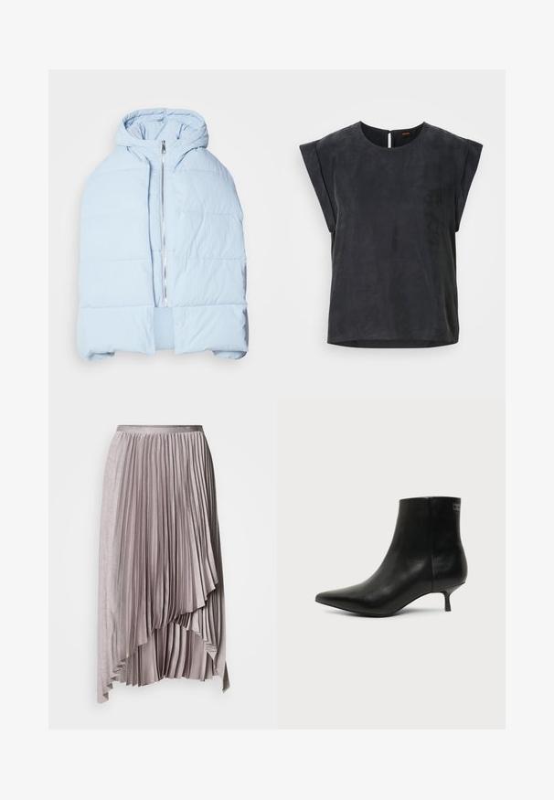 Veste en duvet à capuche bleu clair avec une fermeture éclair métallique, présentant des panneaux matelassés et un design à l'avant ouvert. Tissu doux et texturé.; Haut noir à manches courtes avec un col rond et un design minimaliste. Texture lisse avec un léger éclat, présentant une fermeture en forme de clé au dos.; Jupe plissée asymétrique mauve clair avec ceinture en satin et ourlet en cascade superposé, sur fond uni.; Bottine en cuir noir avec bout pointu et petit talon kitten sur fond clair, vue côté extérieur.