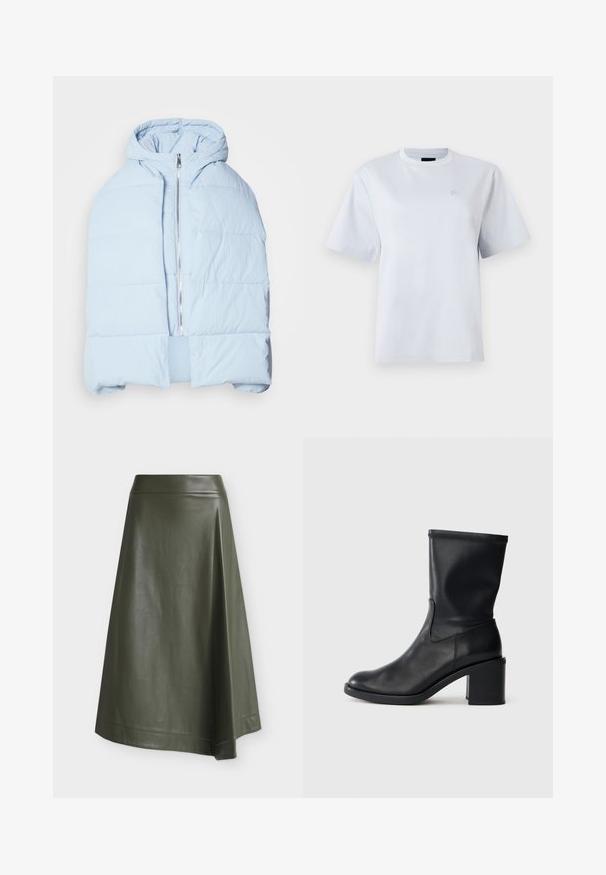 Hellblau, gefütterte Daunenjacke mit Kapuze, ausgestattet mit einem metallischen Reißverschluss, die über gesteppten Einsätzen und ein offenes Frontdesign verfügt. Weiches, strukturiertes Material.; Weißes T-Shirt mit kurzen Ärmeln und Rundhalsausschnitt mit kleinem gesticktem Logo auf der linken Brust.; Olivgrüner Midirock aus Kunstleder mit engem Bund und leicht ausgestellter A-Linie auf einfachem Hintergrund.; Schwarze Leder-Ankle Boots mit runder Zehenform, glatter Oberfläche und dicker Absatz, ausgestattet mit einem eng anliegenden Schaft und subtilen Nähten.