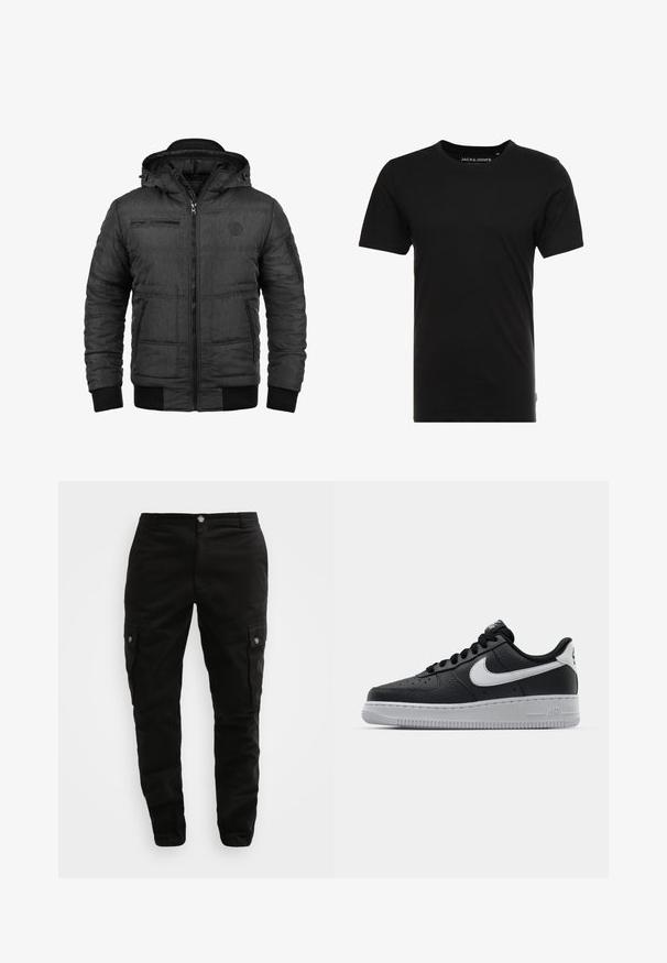 Veste noire matelassée avec fermeture éclair, capuche et poignets côtelés. Comprend deux poches latérales et une poche poitrine zippée. Texture lisse.; T-shirt noir à manches courtes en coton, avec un col rond et une étiquette logo discrète sur le côté. Design simple et polyvalent.; Pantalons cargo noirs en tissu durable, dotés de poches latérales, d'une fermeture à bouton et d'un design ajusté. Texture lisse avec un détail minimal.; Baskets en cuir noir avec surface texturée, swoosh Nike blanc, semelle grise, bout rond et design à lacets. Comprend des perforations sur la boîte à orteils.