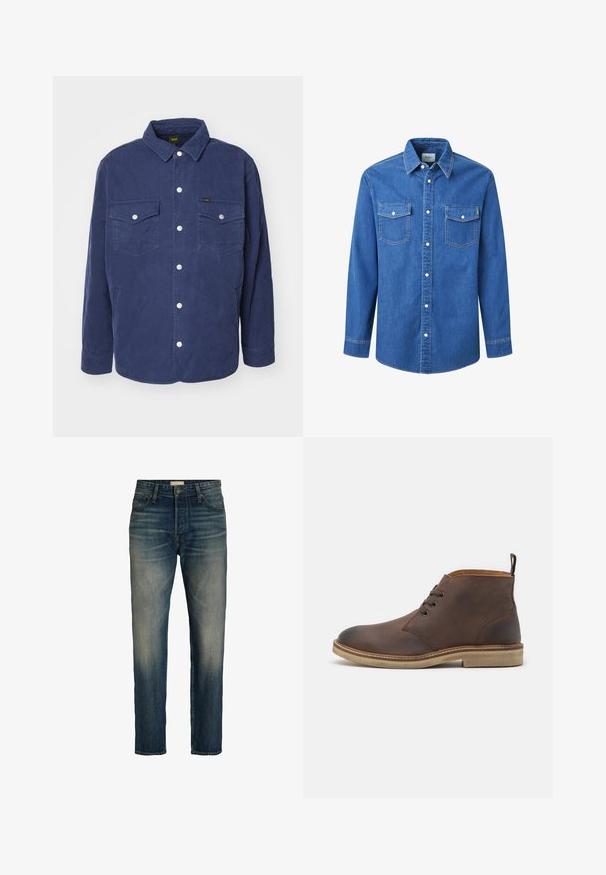 Marineblaues, gesteppte Hemdjacke mit zwei Brusttaschen, Druckknöpfen und einem klassischen Kragen. Verfügt über ein strukturiertes Muster und einen lockeren Schnitt.; Blaue Jeanshemd mit langen Ärmeln, klassischem Kragen, zwei Brusttaschen, durchgehender Knopfleiste und kontrastierenden Stitching-Details.; Dunkelblaue Jeans aus Denim mit geradem Schnitt, mit verwaschenen Stellen, fünf Taschen und einem Reißverschluss. Mit dezenten Nähten und einem klassischen Finish.; Braune Lederknöchelstiefel mit runder Spitze, Schnürdesign und einer cremefarbenen Gummisohle. Verfügt über eine Zuglasche an der Ferse.