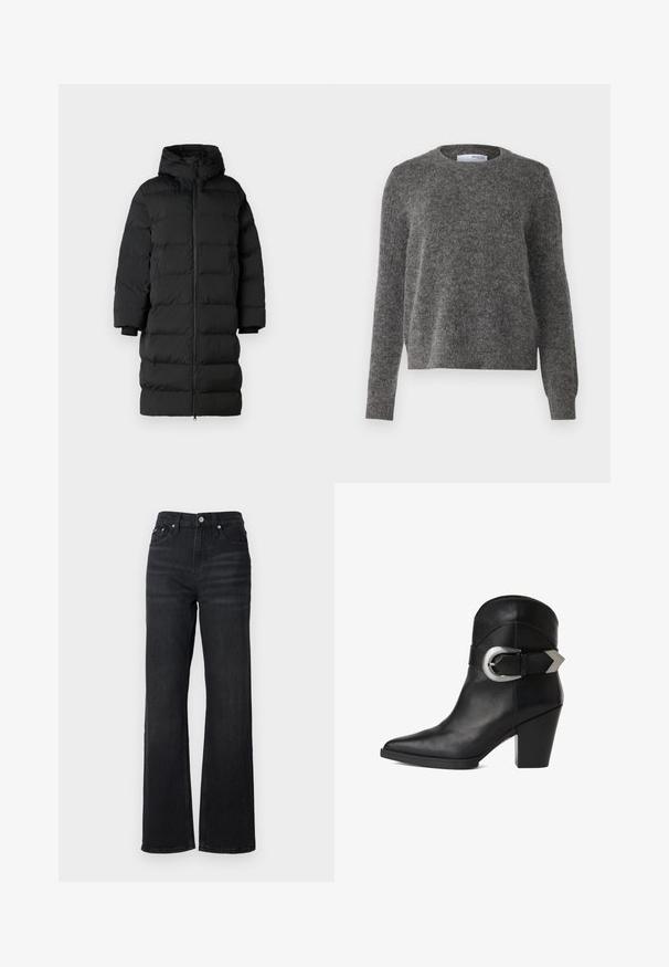 Doudoune noire avec capuche, présente une coupe longue et droite, des sections à piquages horizontaux et des poignets élastiques. Fermeture zippée à l'avant.; Pull gris en tissu doux et texturé, avec un col rond et des manches longues. Présente des poignets et un ourlet côtelés, dans une coupe décontractée.; Jeans à jambe large en denim noir avec taille haute, design à cinq poches et bouton en métal argenté. Le tissu a une texture lisse et un léger élasticité.; Bottine en cuir noir avec un bout pointu, un talon épais et une large sangle ornée d'une boucle circulaire en argent sur le côté. Texture lisse.