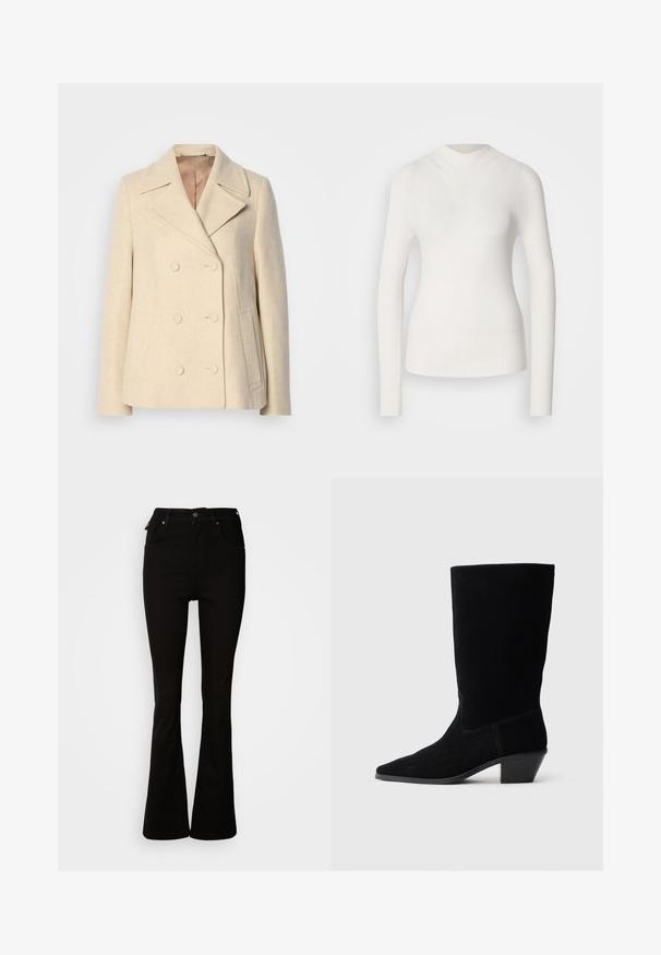 Dubbelzijdige beige wollen jas met pieklapels, opvallende stiksels, zijzakken en een gestructureerde stof. Gevoerde binnenkant.; Witte lange mouwen top met een hoge halslijn, geribbelde textuur en een aansluitend ontwerp. Heeft een naadloze uitstraling en een subtiele V-vorm aan de voorkant.; Zwarte flared jeans van denim, met een hoge taille, voorzakken en een klassiek vijf-pocket ontwerp met metalen accenten.; Zwarte suede enkellaars met een spitse neus, een schacht van gemiddelde hoogte en een chunky hak. Heeft minimaal stikwerk en een gladde textuur.