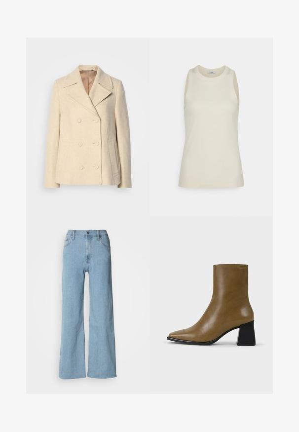 Dubbelzijdige beige wollen jas met pieklapels, opvallende stiksels, zijzakken en een gestructureerde stof. Gevoerde binnenkant.; IVY OAK KLARA ANN - Top - almond milk; Lichtblauwe wijde jeans van denim, met een aansluitende taille, vijf-pocket ontwerp en subtiele stiksels.; Bruine leren enkellaars met een spitse neus, een strak ontwerp en een gestructureerde afwerking. Beschikt over een contrasterende zwarte blokhak.
