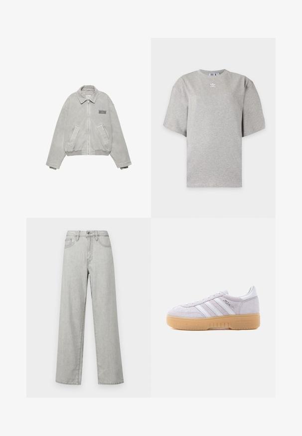 Veste en jean grise avec fermeture éclair à l'avant, col pointu, deux poches latérales et un petit logo sur la poitrine gauche. Finition douce et texturée.; T-shirt Adidas gris clair à manches courtes avec col rond et petit logo Adidas blanc sur la poitrine, présenté sur un fond simple.; Jean large couleur gris clair en denim, doté d'une taille haute, de poches avant et d'une fermeture standard avec un bouton et une fermeture éclair.; Baskets Adidas en daim blanc avec une semelle en gomme, trois bandes blanches et le texte « Spezial » sur le côté, vues de l'intérieur.