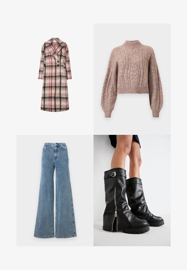 Lange wollen jas met een beige, bruine, rode en roze ruitpatroon, brede revers, twee zwarte knopen en zijzakken.; Kabelgebreide cropped trui in een zachte roze tint, met een hoge halslijn en volumineuze mouwen met ribgebreide manchetten en zoom.; Good American JEANIUS GOOD SKATE - Relaxed fit jeans - indigo; Zwarte leren kniehoge laarzen met een brede schacht, voorzien van een zijrits en een gespaccent, met een gestructureerde afwerking en een chunky rubberen zool.