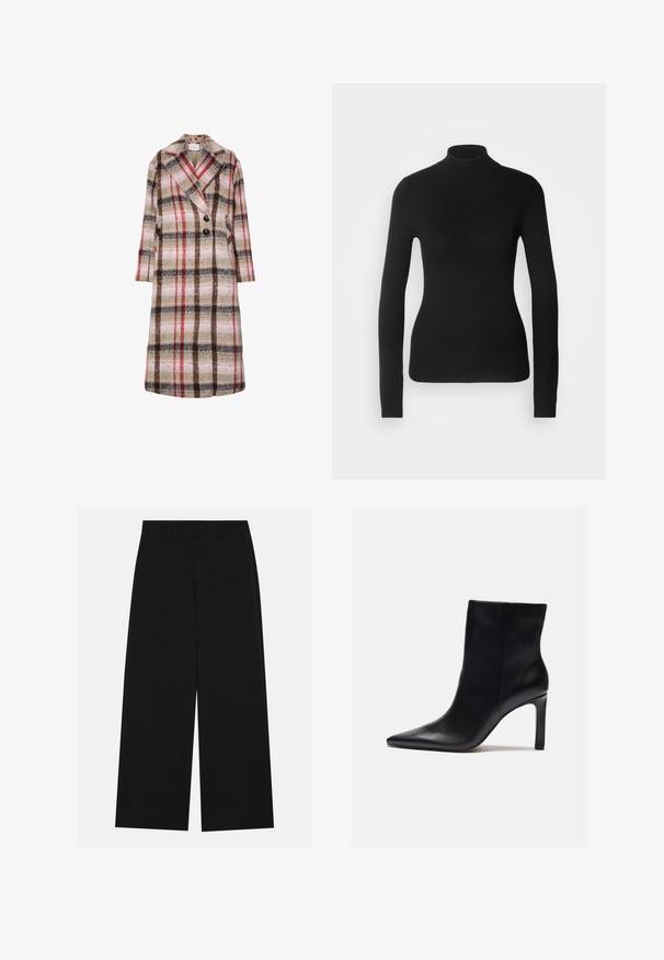 Lang uldfrakke med beige, brun, rød og pink ternet mønster, brede klapper, to sorte knapper og sidelommer.; Sort turtleneck sweater lavet af let strikket stof. Har lange ærmer, et tætsiddende design og en blød ribbet tekstur.; Breddebenede sorte bukser lavet af et glat stof. Har en flad talje med bæltestropper og ingen synlige lommer. Simpelt design.; Zign by Zalando Højhælede støvletter - black