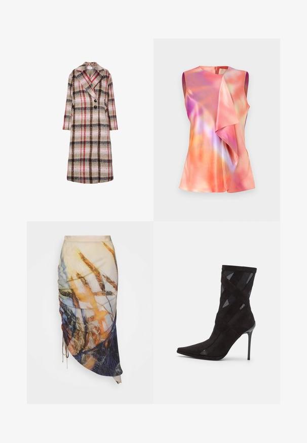 Lang uldfrakke med beige, brun, rød og pink ternet mønster, brede klapper, to sorte knapper og sidelommer.; Ærmeløs top i satinmateriale, der præsenterer et farverigt abstrakt mønster med nuancer af pink, orange og violet, samt en draperet frontdesign.; Materiel DIAGONAL GATHERED SKIRT - Pencil skirt - golden hour; Jeffrey Campbell STRIPES - Støvletter - black