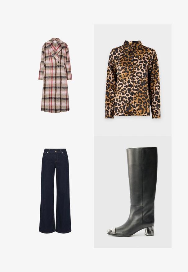 Lang uldfrakke med beige, brun, rød og pink ternet mønster, brede klapper, to sorte knapper og sidelommer.; Langærmet skjorte med knapper i brunt og sort leopardmønster samt klassisk krave på en ensfarvet lys baggrund.; Mørkeblå denimjeans med vide ben, lukkes foran med knapper, bæltestropper og lommer, vist på en hvid baggrund.; Sort læder knæhøj støvle med rund tå, sølvbesat hætte og en blokhælle dekoreret med nitter for tekstur og detaljer.