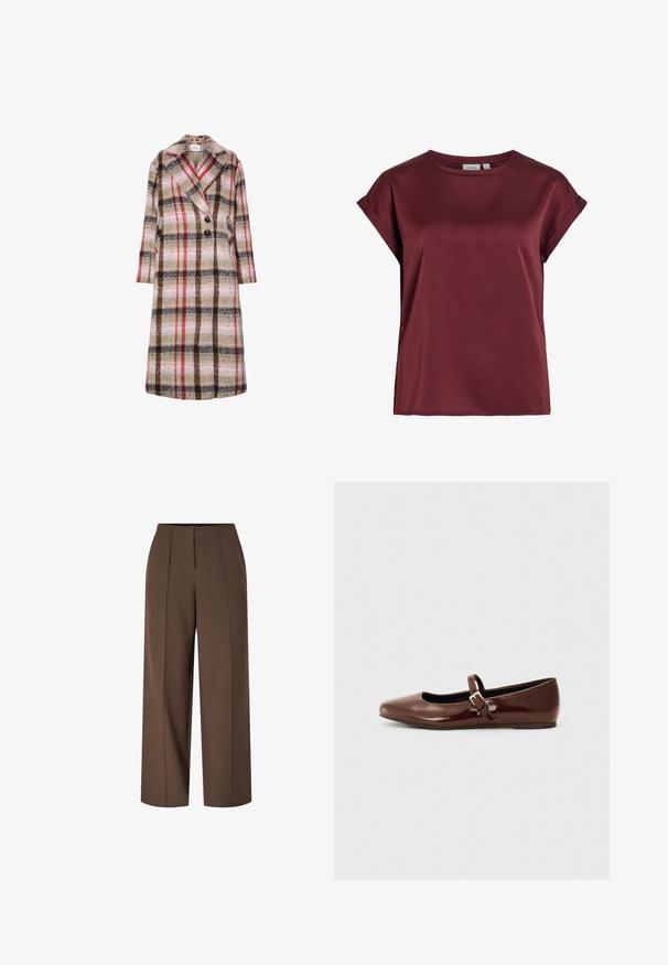 Abrigo largo de lana con patrón de cuadros en tonos beige, marrón, rojo y rosa, con solapas anchas, dos botones negros y bolsillos laterales.; Blusa burdeos de manga corta y cuello redondo, con puños remangados y una textura de tela suave y ligeramente brillante.; Pantalones de tiro alto y pernera ancha en marrón con pliegues frontales y cierre de cremallera invisible en la parte delantera.; Bailarina de charol marrón con punta cuadrada y tira que presenta una pequeña hebilla dorada. Textura suave, tacón bajo y diseño minimalista.