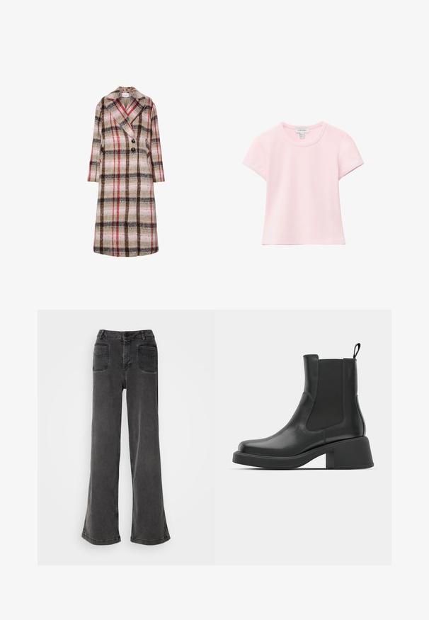 Lang uldfrakke med beige, brun, rød og pink ternet mønster, brede klapper, to sorte knapper og sidelommer.; Lyserød kortærmet T-shirt med rund hals og lige kant, lavet af blødt stof, vist på en hvid baggrund.; Høj talje, brede ben sorte jeans lavet af denim, med knaplukning, bæltestropper og to baglommer med syninger.; Sorte læder ankelstøvler med elastiske sidepaneler, afrundet tå og en kraftig blokhæl. Glat tekstur med et minimalistisk design.