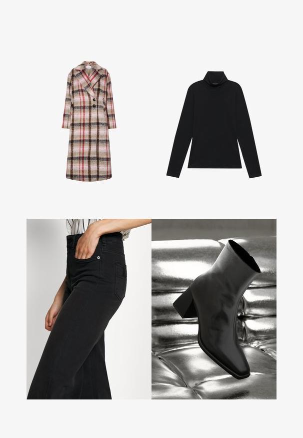 Lang uldfrakke med beige, brun, rød og pink ternet mønster, brede klapper, to sorte knapper og sidelommer.; Sort turtleneck med lange ærmer. Blødt stof, tætsiddende design, høj krave og sidesøm. Simpel og alsidig stil, der er velegnet til lag-på-lag.; Sorte jeans i bred benstil med høj talje, forlommer og en baglappe. Glat tekstur med minimale syningsdetaljer.; Sorte ankelstøvler lavet af glossy materiale med firkantet tå og spidse hæle, sat mod en skinnende sølv tuftet baggrund.