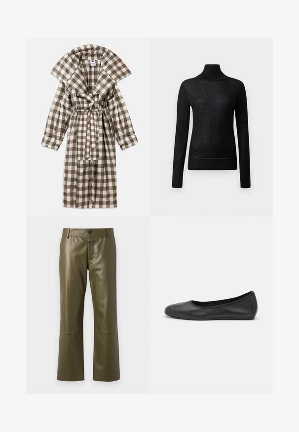 Brun og creme ternet morgenkåbe med bred krave, bæltesyning i taljen og lange ærmer, lavet af blødt stof.; Sort langærmet turtle neck top lavet af letvægtsstof, med en tætsiddende design og minimale sømdetaljer, velegnet til lagdeling.; CLOSED SERANDON - Skindbukser - marsh green; Sort læderballetsko med rund tå, glat tekstur, minimal syning og et fleksibelt såldesign.