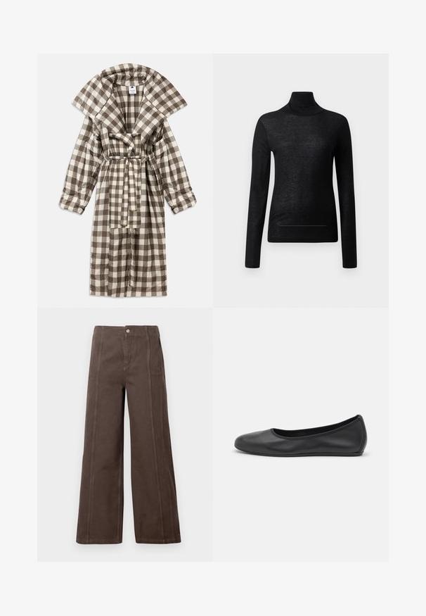 Brun og creme ternet morgenkåbe med bred krave, bæltesyning i taljen og lange ærmer, lavet af blødt stof.; Sort langærmet turtle neck top lavet af letvægtsstof, med en tætsiddende design og minimale sømdetaljer, velegnet til lagdeling.; Brune viddebukser lavet af glat stof, med sømme foran og en enkelt metalknap lukning i taljen.; Sort læderballetsko med rund tå, glat tekstur, minimal syning og et fleksibelt såldesign.