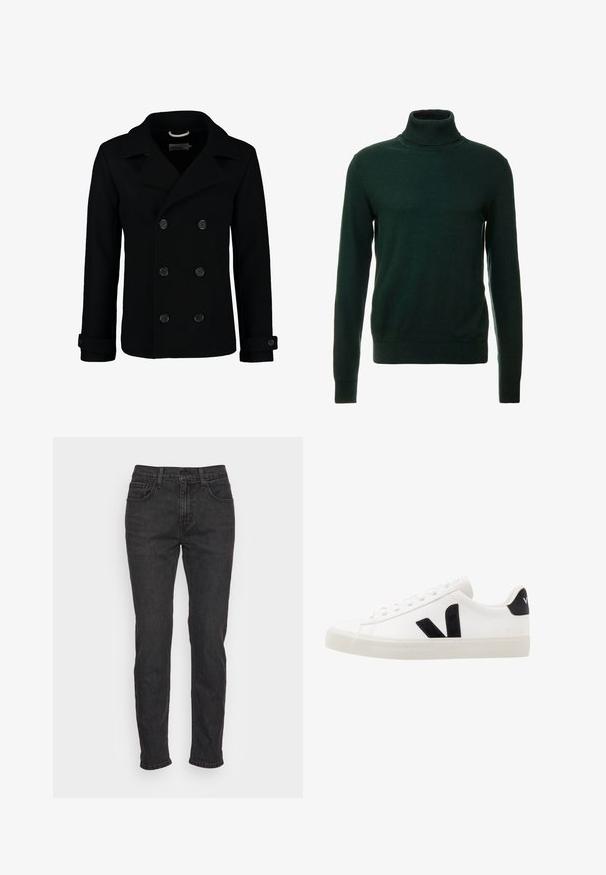Manteau marin noir croisé en laine, avec un col à cranter, de grands boutons et des poignets retroussés. Texture lisse avec une coupe cintrée.; Pull à col roulé vert foncé fabriqué en tissu tricoté lisse. Il possède des manches longues et un col ajusté. Design classique, sans motifs.; Jean en denim noir avec une coupe ajustée, comportant cinq poches, des passants de ceinture et des détails de couture subtils. Texture usée sur le tissu.; Sneaker blanche en cuir avec des accents en daim noir ; dispose d'une semelle en caoutchouc, d'un bout rond et d'un design classique à lacets. Logo latéral en noir.
