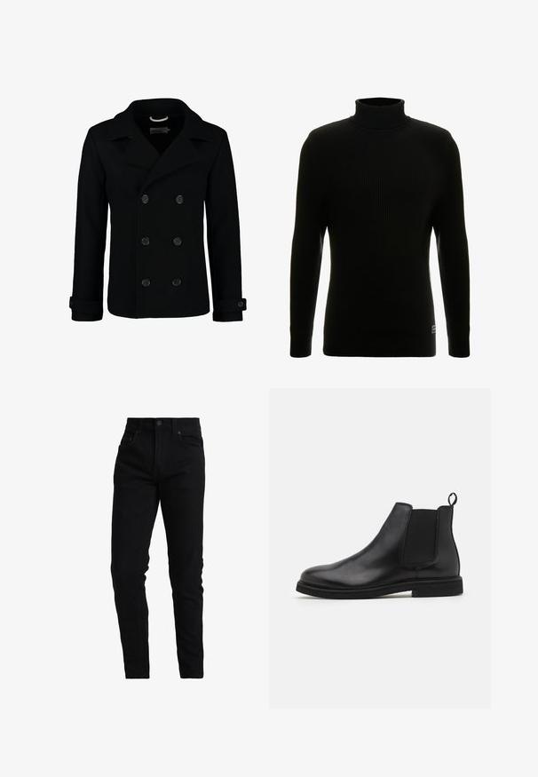 Manteau marin noir croisé en laine, avec un col à cranter, de grands boutons et des poignets retroussés. Texture lisse avec une coupe cintrée.; Pull à col roulé noir avec des manches longues, texture côtelée, silhouette ajustée et petite étiquette de marque en bas à gauche.; Jean noir en denim avec une coupe slim, doté d'une taille moyenne, d'un design à cinq poches et de détails de couture subtils. Tissu à texture lisse.; Bottines Chelsea en cuir noir avec panneaux élastiques sur les côtés et une languette. Bout arrondi et semelle en caoutchouc plate, mettant en valeur une finition lisse.