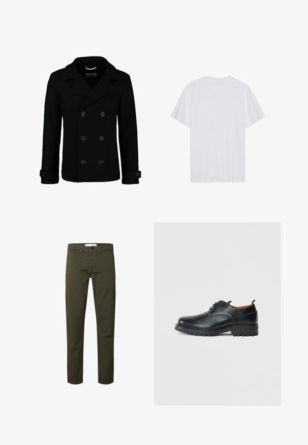 Manteau marin noir croisé en laine, avec un col à cranter, de grands boutons et des poignets retroussés. Texture lisse avec une coupe cintrée.; T-shirt en coton blanc à manches courtes, col rond et texture lisse. Présente un branding minimal au niveau du col.; Pantalon homme droit vert foncé avec passants pour ceinture, fermeture par bouton et poches avant, présenté sur un fond uni.; Chaussures derby en cuir noir avec une texture lisse, bout rond, design à lacets et une semelle en caoutchouc épaisse et robuste.