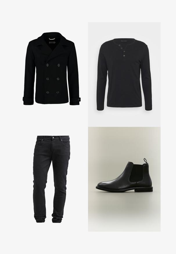 Manteau marin noir croisé en laine, avec un col à cranter, de grands boutons et des poignets retroussés. Texture lisse avec une coupe cintrée.; T-shirt henley noir à manches longues en tissu doux, avec une patte de boutonnage, un col rond et des manches ajustées.; Jeans noirs ajustés avec fermeture à bouton et à glissière, cinq poches et poignets élastiques aux chevilles.; Botte Chelsea en cuir noir avec panneau latéral élastique, languette à l'arrière, semelle plate et bout arrondi, présentée sur un fond gris clair.