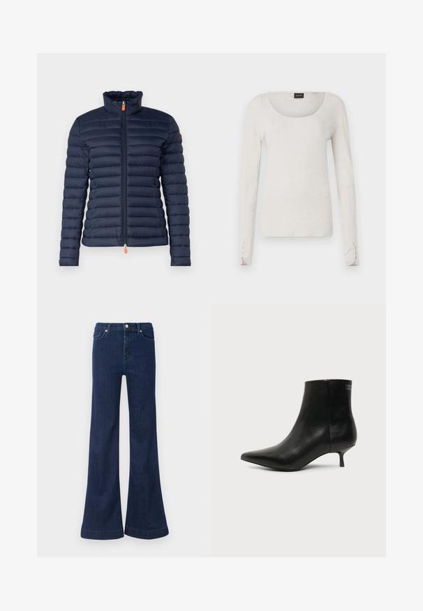 Doudoune marine avec un col haut, design matelassé horizontal, fermeture éclair à l'avant avec tirette orange et sans marquage visible.; T-shirt à manches longues gris clair en coton doux avec un col en scoop et des accents de boutons aux poignets. Design simple et minimaliste.; Jean flare bleu foncé en denim, doté d'une taille haute, d'un léger délavage et de finitions en doré sur les poches avant et le système de fermeture.; Bottine en cuir noir avec bout pointu et petit talon kitten sur fond clair, vue côté extérieur.