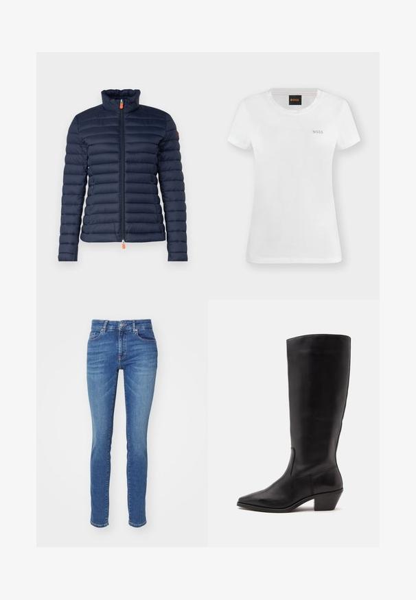 Doudoune marine avec un col haut, design matelassé horizontal, fermeture éclair à l'avant avec tirette orange et sans marquage visible.; T-shirt blanc à manches courtes et col rond avec petit logo doré "BOSS" sur la poitrine gauche et étiquette noire avec texte orange "BOSS" à l'intérieur du col.; Jean en denim bleu à coupe slim, avec cinq poches, une fermeture à bouton et un léger délavage sur les cuisses pour une texture supplémentaire.; Botte en cuir noire mi-mollet avec un bout pointu et un talon bas incliné sur un fond clair uni.