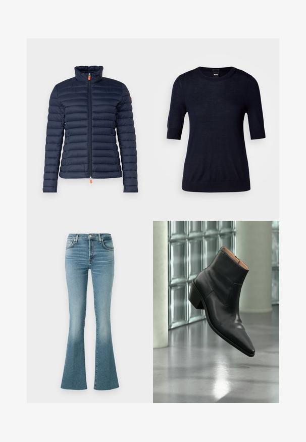 Doudoune marine avec un col haut, design matelassé horizontal, fermeture éclair à l'avant avec tirette orange et sans marquage visible.; Pull bleu marine à manches courtes en tissu tricot léger. Il présente un col rond et une finition côtelée pour un look ajusté.; Jean flare en denim bleu clair avec une taille haute, comportant des poches avant et un design classique à cinq poches, texture lisse et finition délavée.; Bottine en cuir noir avec un bout pointu et un talon carré lévitant au-dessus d'un sol gris réfléchissant près d'un mur en blocs de verre.