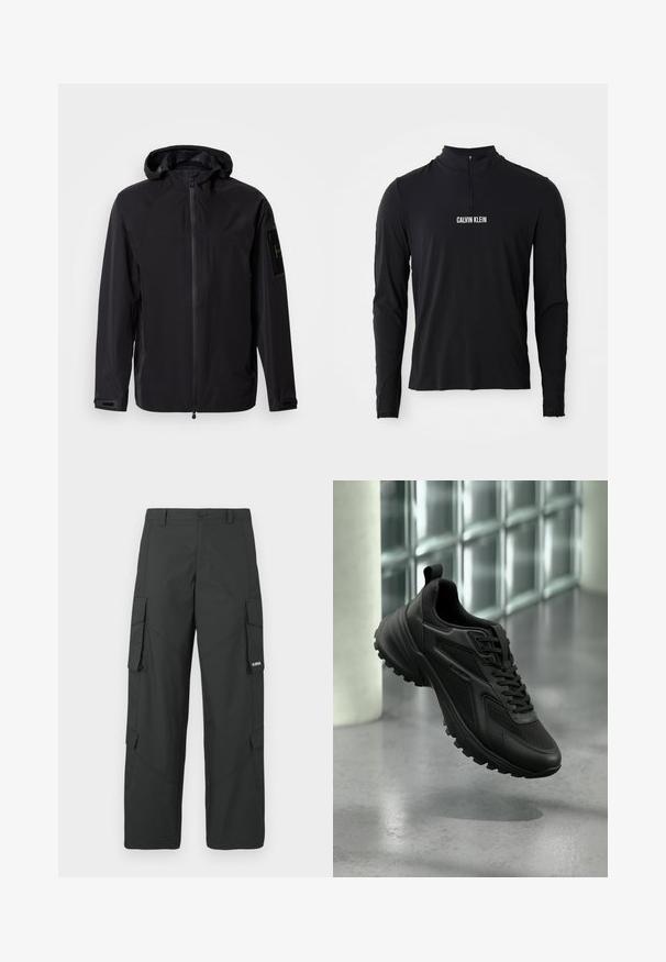 Veste imperméable noire avec une fermeture éclair frontale, une capuche ajustable et des poignets réglables. Dispose de poches latérales et d'un patch logo sur la manche.; Haut noir à manches longues avec un col montant, doté d'une fermeture éclair quart et du logo "CALVIN KLEIN" en blanc à l'avant. Tissu lisse et extensible.; Pantalons cargo noirs à jambes droites avec poches latérales à rabat, fermeture à bouton, passants de ceinture et petit logo blanc sur le rabat de la poche droite.; Baskets de sport noires avec semelle texturée et lacets, flottant au-dessus d'un sol gris avec un mur en blocs de verre en arrière-plan.