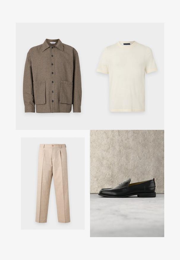 Braun karierter Hemdjacke mit Reverskragen, durchgehender Knopfleiste und zwei aufgesetzten Taschen unten. Strukturierter Stoff.; Cremefarbenes T-Shirt mit kurzem Arm und Rundhalsausschnitt, schlichtes Design, auf einem flachen hellgrauen Hintergrund präsentiert.; Beige Hose mit geradem Bein, Falten, Knopfverschluss, Gürtelschlaufen und maßgeschneiderter Passform.; Schwarzer Herren-Slipper aus Leder mit einer krokogeprägten Vorderkappe und einem niedrigen Absatz, im Profil vor neutralem Hintergrund gezeigt.