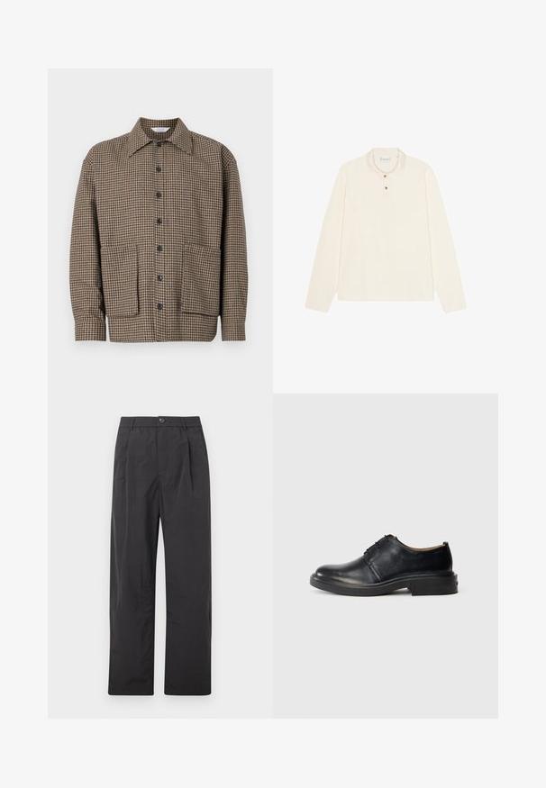 Braun karierter Hemdjacke mit Reverskragen, durchgehender Knopfleiste und zwei aufgesetzten Taschen unten. Strukturierter Stoff.; Langärmliges Polohemd in Creme, mit flachem Kragen, einer drei-Knopf-Leiste mit goldfarbenen Knöpfen und einem weichen, strukturierten Stoff.; Schwarze Hose aus leichtem Stoff. Verfügt über ein plissiertes Design, einen elastischen Bund mit Knopf und einen geraden Beinanschnitt.; Schwarze Leder-Oxfords mit runder Zehenpartie, Schnürung an der Vorderseite und niedrigem, gestapeltem Absatz vor einem schlichten, hellen Hintergrund.