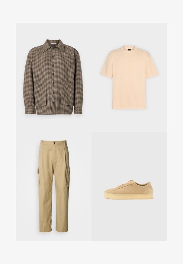 Braun karierter Hemdjacke mit Reverskragen, durchgehender Knopfleiste und zwei aufgesetzten Taschen unten. Strukturierter Stoff.; Schlichtes beiges T-Shirt mit kurzen Ärmeln und Rundhalsausschnitt mit BOSS-Label auf der Innenseite des rückwärtigen Kragens, dargestellt auf einem hellgrauen Hintergrund.; Beige Cargo-Hosen aus strapazierfähigem Stoff, mit lockerem Schnitt, Seitentaschen und Knopfverschluss an der Taille.; Beiger Wildleder-Sneaker mit flacher Silhouette, dicker Kautschuksohle, Schnürverschluss und dezentem seitlichem Branding vor einem schlichten hellgrauen Hintergrund.
