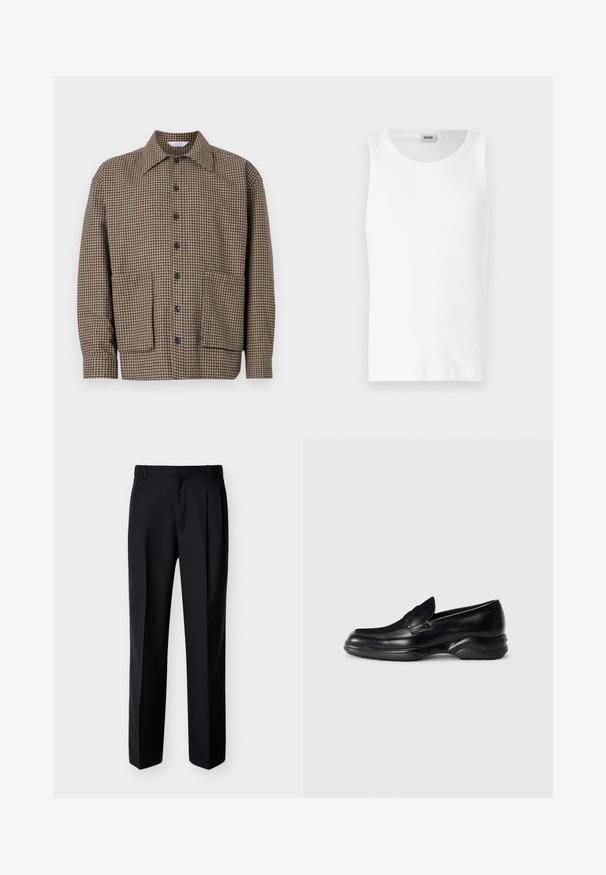 Chaqueta de camisa a cuadros marrón con cuello de pico, cierre frontal de botones y dos bolsillos parche en la parte inferior. Tejido texturizado.; Camiseta sin mangas de algodón blanco con cuello redondo y una textura suave. Diseño sencillo, sin patrones ni acentos.; Pantalones negros hechos a medida con corte recto, pinzas delanteras y bolsillos laterales. Elaborados con una tela suave y ligera con un patrón sólido.; Mocasines de piel negra con una suela de goma texturizada y baja, y un diseño de costura en la parte superior. Presenta una punta redondeada y mínimas ornamentaciones.