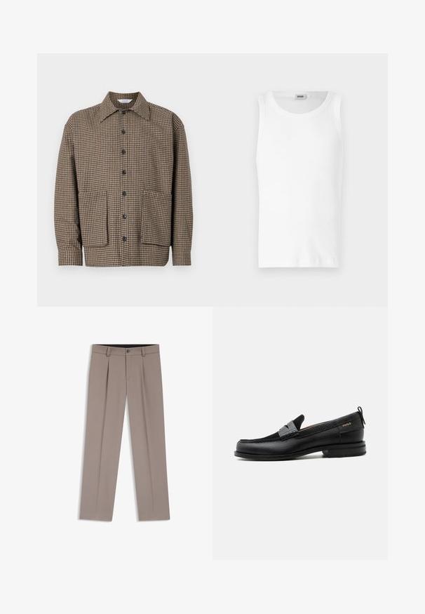 Chaqueta de camisa a cuadros marrón con cuello de pico, cierre frontal de botones y dos bolsillos parche en la parte inferior. Tejido texturizado.; Camiseta sin mangas de algodón blanco con cuello redondo y una textura suave. Diseño sencillo, sin patrones ni acentos.; Pantalones de hombre a medida de color marrón claro con trabillas para cinturón, pliegues, botón frontal y cremallera, colocados planos sobre un fondo blanco.; Mocasín de cuero negro con detalle de tira gris, tacón bajo y suela texturizada, con la marca "HUGO" en oro en el lateral.
