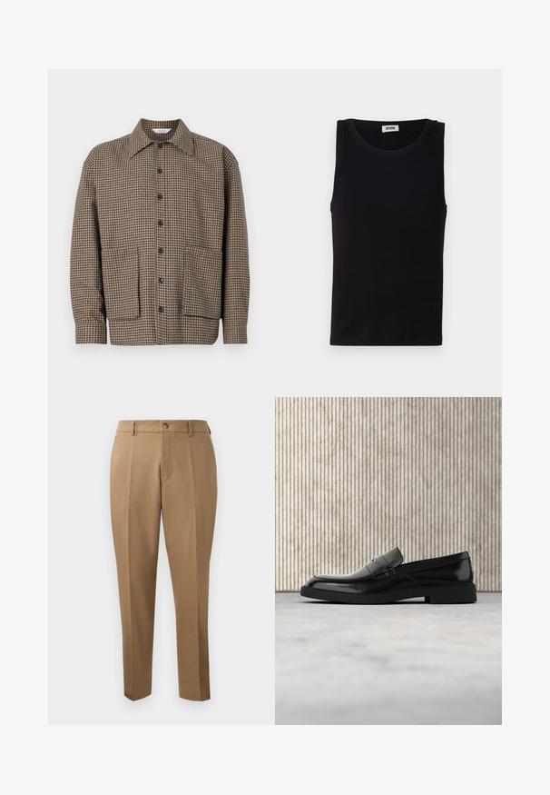 Chaqueta de camisa a cuadros marrón con cuello de pico, cierre frontal de botones y dos bolsillos parche en la parte inferior. Tejido texturizado.; Top sin mangas negro hecho de algodón suave. Cuenta con un escote redondeado y un corte recto, con detalles de costura mínimos.; Pantalones marrones a medida con corte recto, pinzas simples, trabillas para cinturón y cierre frontal con botón. Tela suave con una textura mate.; Zapato loafer de cuero negro pulido flotando sobre una alfombra beige con muebles translúcidos naranjas de fondo.