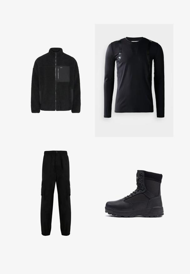 Veste en polaire noire avec col haut, fermeture éclair à l'avant et poche noire contrastante. Présente une texture douce et un design décontracté.; T-shirt de sport à manches longues noir en tissu lisse et extensible. Présente des accents noirs brillants sur les épaules et un logo Adidas sur la poitrine.; Pantalons cargo noirs en tissu résistant, dotés d'une taille élastique, de poches latérales et de poignets élastiques aux chevilles. Design simple.; Botte tactique noire avec une tige en cuir lisse et des panneaux en tissu, design montante, fermeture à lacets à l'avant et semelle en caoutchouc robuste.