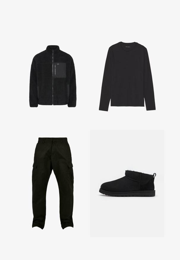 Veste en polaire noire avec col haut, fermeture éclair à l'avant et poche noire contrastante. Présente une texture douce et un design décontracté.; T-shirt à manches longues noir en tissu doux et léger. Présente un col rond et un ourlet droit. Aucun motif ou accent visible.; Pantalons cargo en coton noir avec une coupe décontractée, dotés de poches latérales, de passants de ceinture et de jambes droites. Tissu texturé et couture renforcée.; Bottines noires en daim avec une doublure douce et texturée, une semelle en caoutchouc basse et une languette à l'arrière pour un enfilage facile.