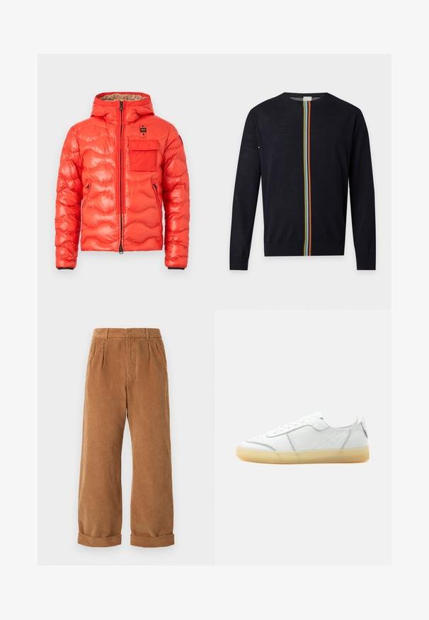 Doudoune orange vif avec capuche, fermeture éclair devant, deux poches latérales zippées et une poche poitrine à rabat avec étiquette logo noire.; Pull noir à manches longues avec une bande arc-en-ciel verticale qui descend du col à l'ourlet au centre.; Pantalons en velours côtelé marron avec une coupe évasée, dotés de plis à l'avant et de ourlets retroussés. Le tissu a un aspect texturé et côtelé.; Baskets basses en cuir blanc avec semelle beige translucide, lacets à l’avant et détails de couture minimalistes, vues de côté sur un fond uni.