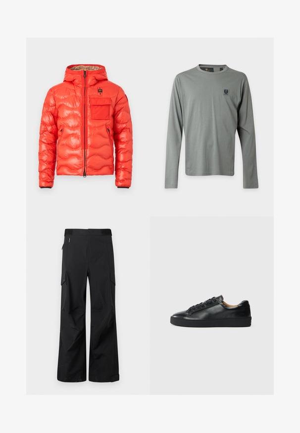 Doudoune orange vif avec capuche, fermeture éclair devant, deux poches latérales zippées et une poche poitrine à rabat avec étiquette logo noire.; T-shirt gris à manches longues avec col rond, avec un petit emblème noir sur la poitrine gauche représentant un aigle stylisé et un texte.; Pantalons cargo noirs en tissu lisse et résistant à l'eau. Dotés de jambes larges, de multiples poches latérales et d'une taille plate avec un branding subtil.; Baskets en cuir noir avec une texture lisse, bout rond et fermeture à lacets. Comprend une semelle en caoutchouc épaisse et un minimum de détails de marque.