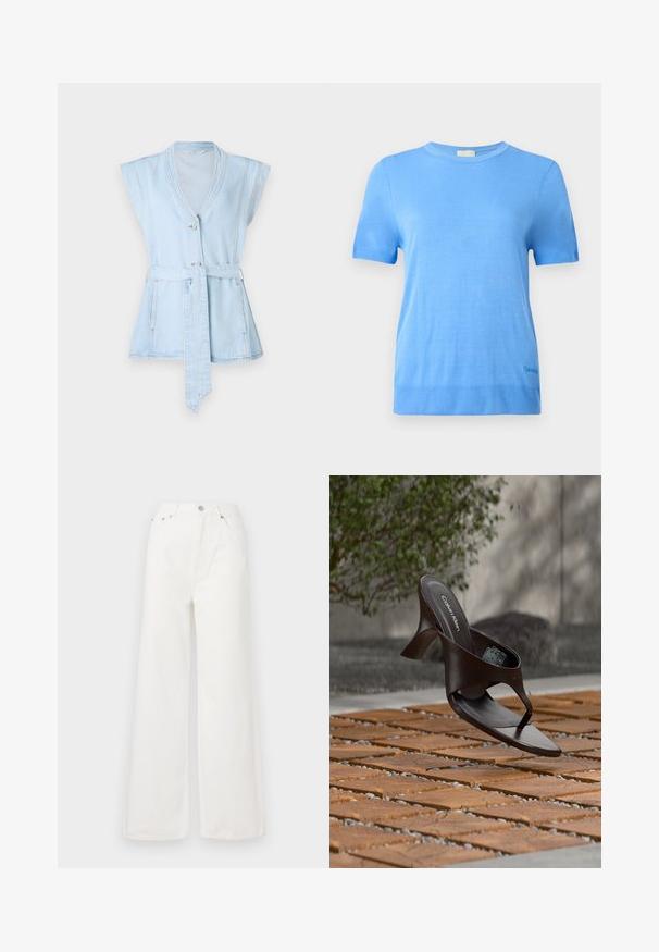 Lyseblå denimvest med korte ærmer, V-hals, to knapper og taljebånd. Har kontrastsyninger og en flared silhuet.; Calvin Klein Striktrøje - blue twilight; Hvide højtaljede brede jeans lavet af denim. Har frontlommer, knaplukning og afrivede kantdetaljer.; Brun Calvin Klein hælet thong sandal svævende over træflise og grus udendørs med sløret grønt og stenmur i baggrunden.